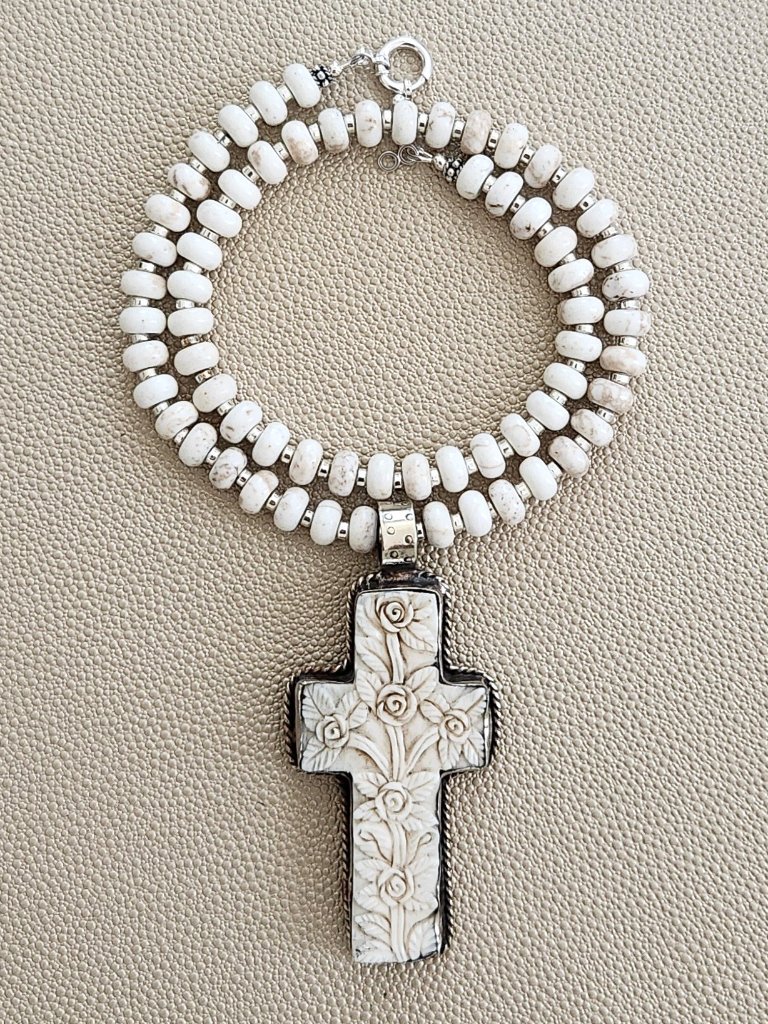 White Howlite Turquoise Necklace W/ Carved Cross--18"